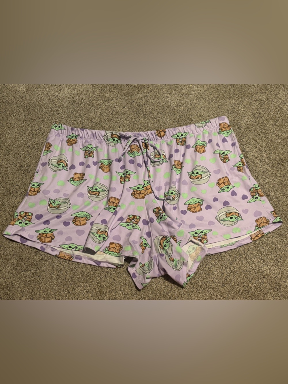 Star Wars Lavender Baby Yoda Lounge Shorts with Green and Brown Accents